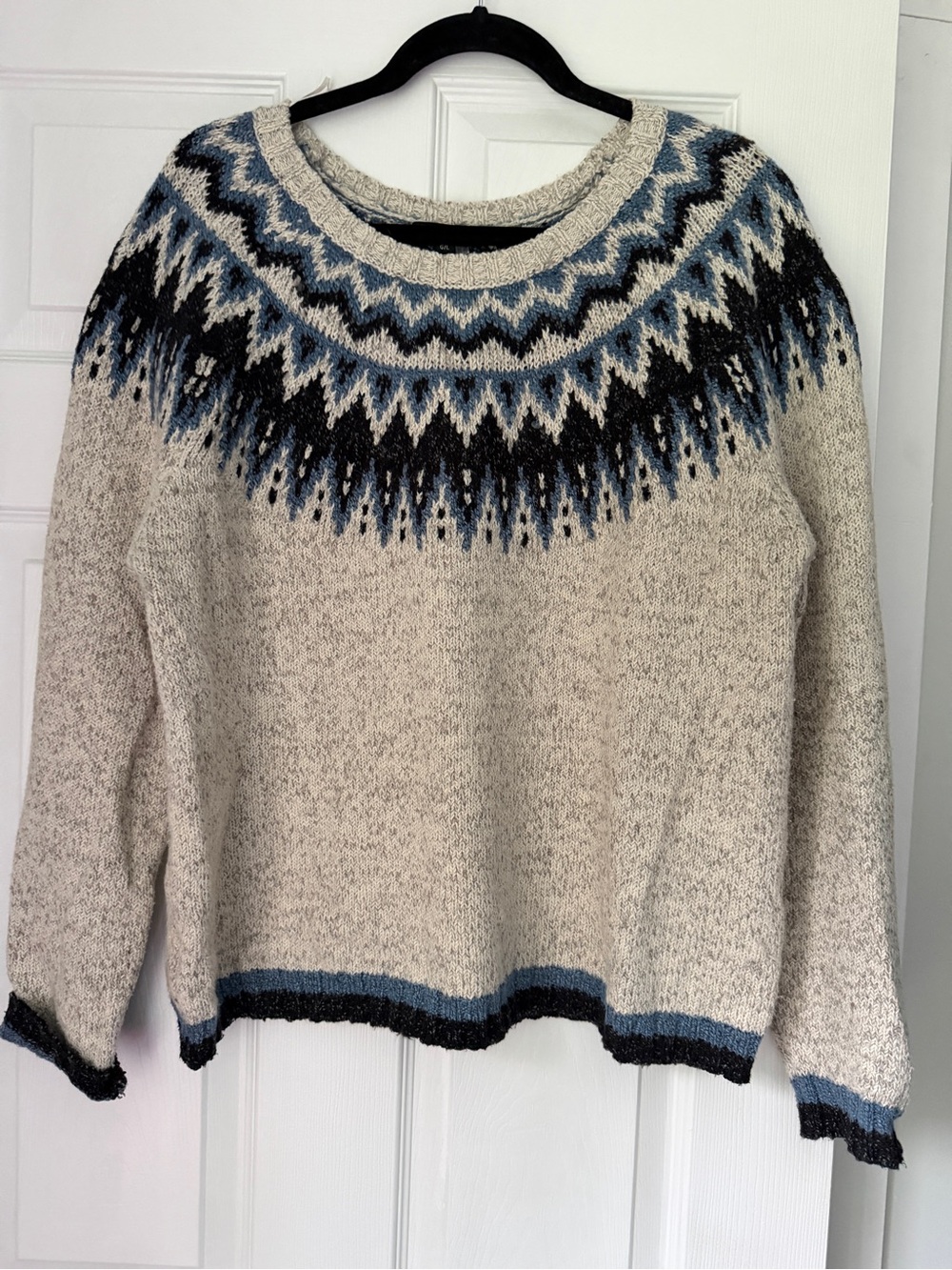 CHARLIE B Cream Crewneck Sweater with Blue & Black Fair Isle Yoke